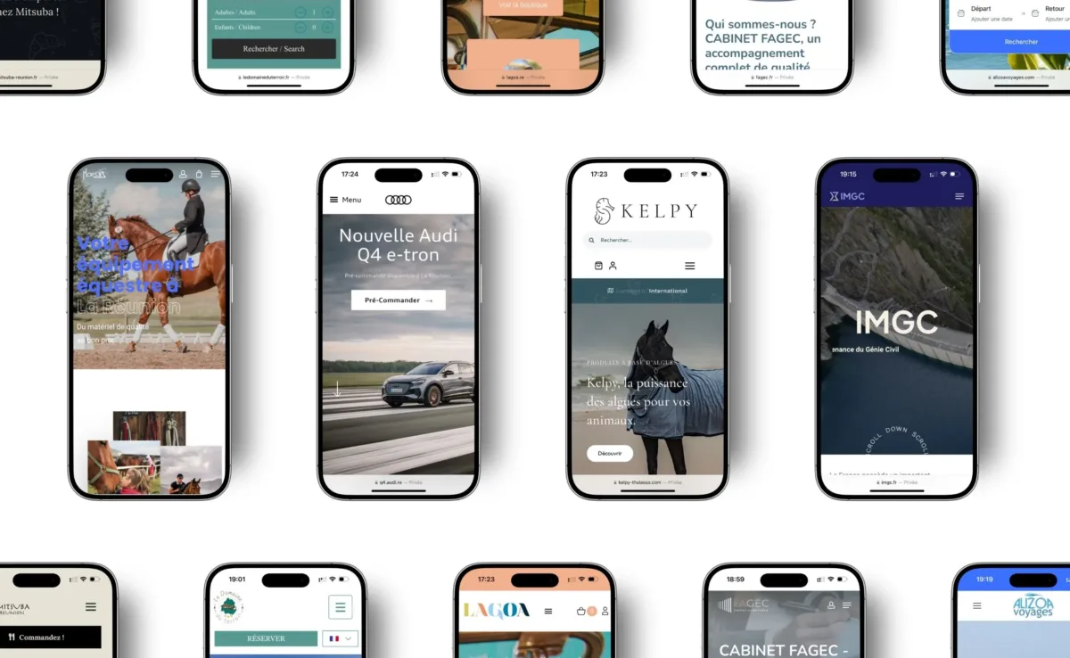Sites réalisés par Alba affichés sur une série de smartphones